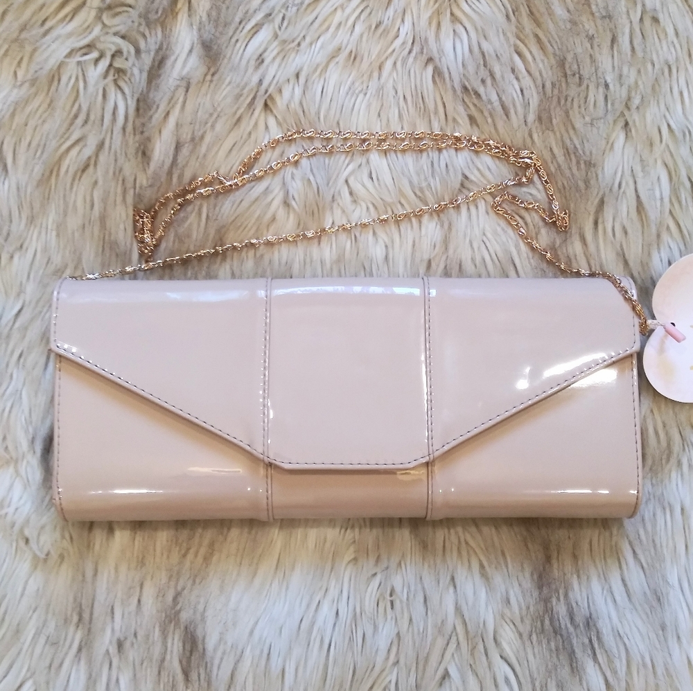 Tan Nude Beige Patent Faux Leather Clutch Purse